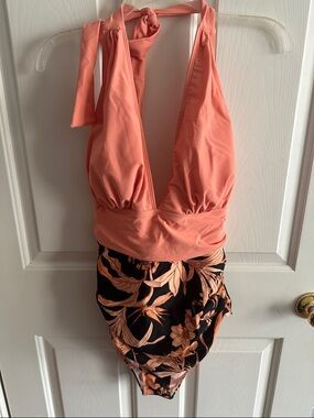 Cupshe Coral Halter One-Piece Swimsuit with Black Floral Bottom